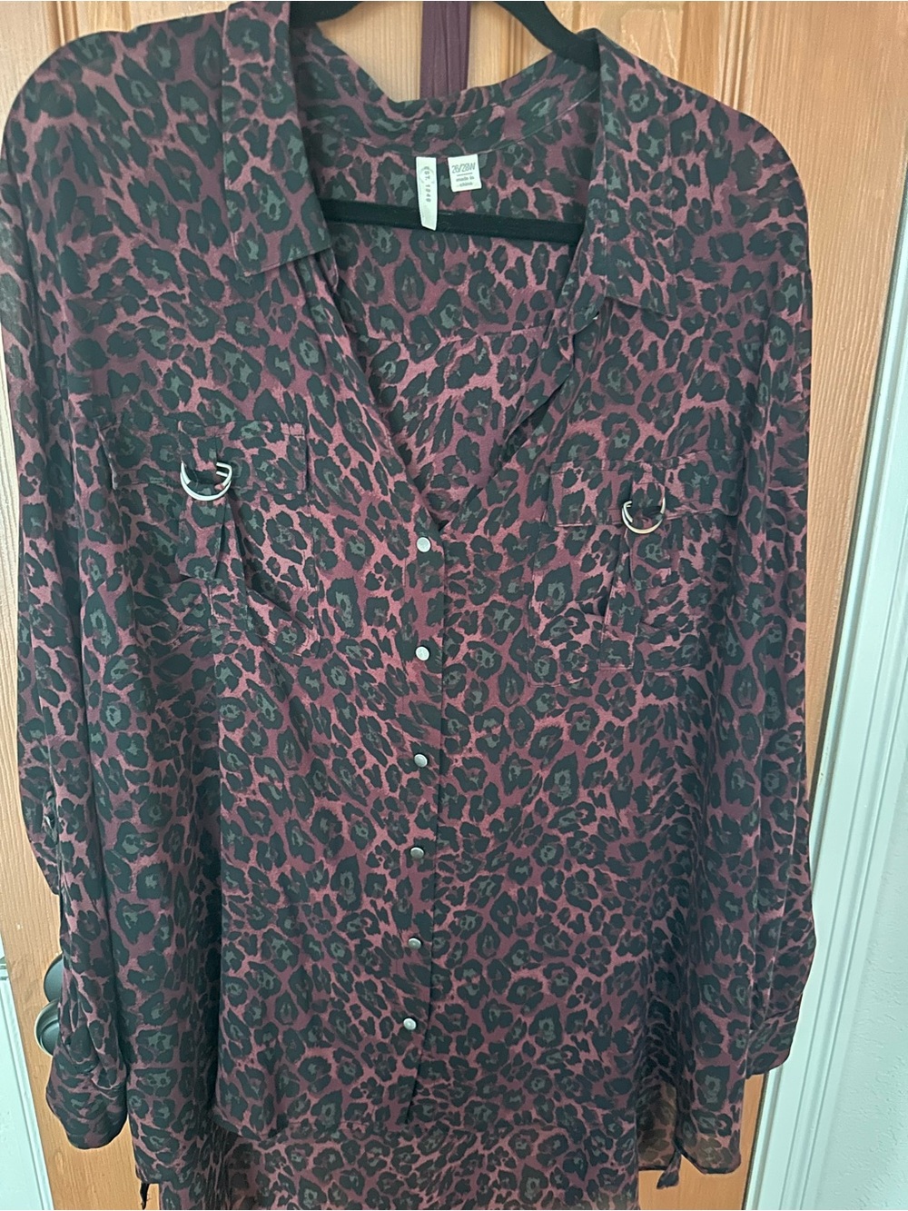 Cato Burgundy and Black Leopard Print Button-Down Blouse